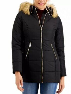 Maralyn & Me Black Faux-Fur Hooded Mid Length Puffer Large Coat